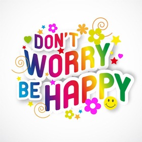 Don't worry! Be happy! Color font design. Flowers. Stars. Hearts. Smile. Clipart. Free Download 2024 greeting card