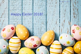 Happy Easter Day 2018. New ecard for free. Easter Day 2018. Easter Eggs are on the wooden floor. Free Download 2024 greeting card