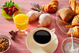 Good Afternoon! Have a Nice Lunch Time! Croissants. A cup of black coffee. Orange juice. Free Download 2024 greeting card