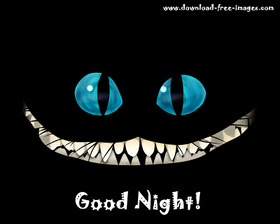 Good Night to You from the cheshire cat. JPG. Black background. Big, blue eyes. Free Download 2024 greeting card