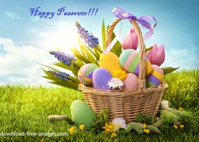 Happy Passover our friends! New ecard for free. Passover. Happy Easter. Easter 2018. Easter Eggs and Flowers are in the basket in the field. Free Download 2024 greeting card