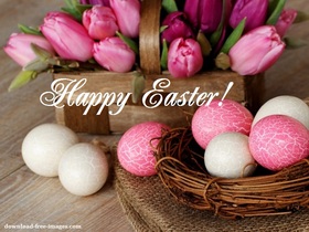 Beautiful Easter card with pink flowers. New ecard Happy Easter. Passover. Easter 2018. Easter Eggs. Pink Flowers Free Download 2024 greeting card