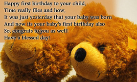 Happy first birthday to your child! Have a blessed day! Toy bears. Free Download 2024 greeting card