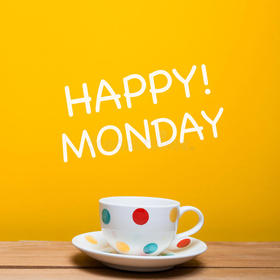 Happy Monday! Yellow background. A polka-dot cup. White. Colorful. Free Download 2024 greeting card