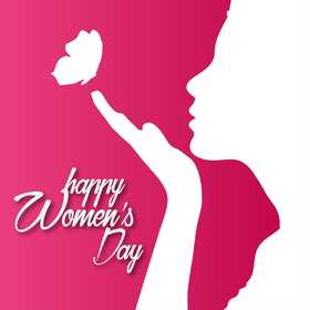 Happy Women's day! Crimson greeting card. Beautiful ecard. For you favorite lady. Pink background. Girl. White butterfly. Free Download 2024 greeting card