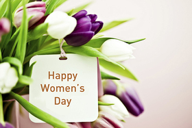 Happy Women's day! Greeting card. Violet tulips. White tulips. Beautiful ecard. For you mom or grandmom. Free Download 2024 greeting card