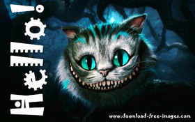 Hello to You from the cheshire cat. JPG. Say Hello to me! Non-standard ecard. Super ecard. Nice. Black background. Dark night. Free Download 2024 greeting card