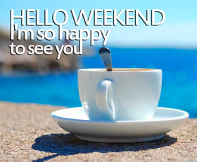 Hello weekend! Weekday greeting. I'm so happy to see You! A white cup of tea or coffee. Sea. Marine sand. Free Download 2024 greeting card