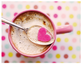 Hello! You are in my heart! I love You! A pink a cup of white coffee. Coffee with milk. Pink heart. Heart-shaped sugar. Free Download 2024 greeting card
