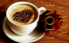 I Love You! Red rose & a cup of coffee. Happy Coffee day! Greeting Cards. Coffe. Gold text. Gold collection. A hot cup of white coffee. Red rose. Heart. Free Download 2024 greeting card