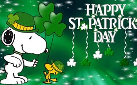 St. Patrick's day! Snoopy. A Shamrock. Green hats. Ecard for children. Free Download 2024 greeting card