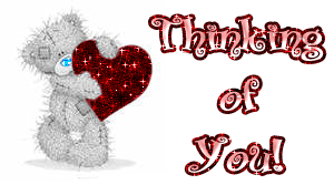 Thinking of You! A little teddy bear. GIF. Red heart. Free Download 2024 greeting card