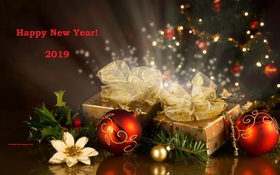 Send this magic e-card and believe in miracles... Happy New Year 2019. Presents. Red Balls. Fir-tree. White flower. Light. Magic ecard 2019. Free Download 2024 greeting card