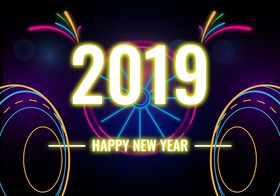 Happy New Year 2019 with neon figures. Magic ecard Happy New Year 2019. Black background. Neon letters Free Download 2024 greeting card