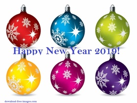 Six colorful new year balls for everyone! Ecard. Happy New Year 2019. Six colorful Balls. Snowflakes. White background. Free Download 2024 greeting card