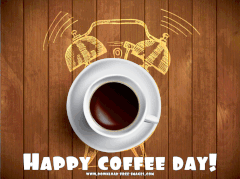 Happy Coffee Day! White inscription. Creative font. Hot cup of coffee. Creative coffee clock. Free Download 2024 greeting card