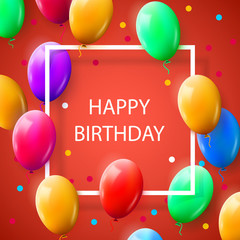 Happy Birthday! Card with balloons. Red background. Colored balls. Colored balloons. Simple frame. White frame. Free Download 2024 greeting card