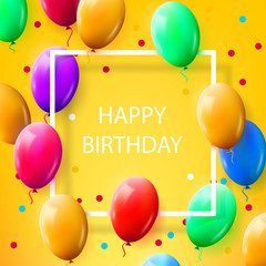 Happy Birthday to You! Yellow ClipArt. Colored balls. Colored balloons. White frame. White inscription. Ecard for your daughter. Yellow background. Free Download 2024 greeting card