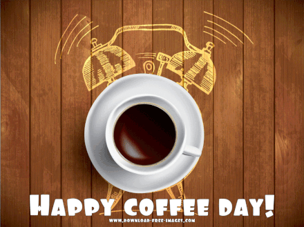 Happy Coffee Day! White inscription. Creative font. Hot cup of coffee. Creative coffee clock. Greeting card. Free Download 2024