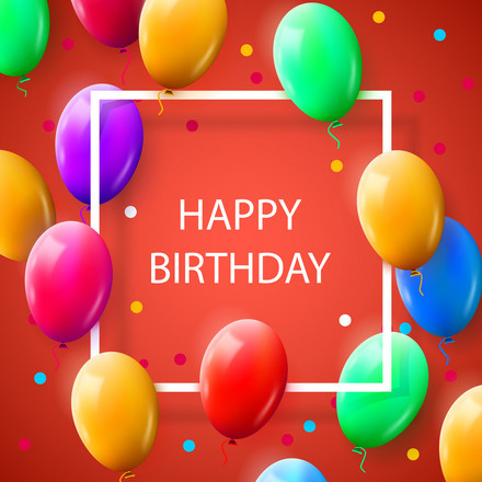 Happy Birthday! Card with balloons. Red background. Colored balls. Colored balloons. Simple frame. White frame. Greeting card. Free Download 2024