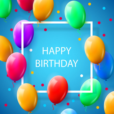 Happy Birthday! Card with balloons. Blue background. Colored balls. Colored balloons. White frame. White inscription. Ecard for best friend. Greeting card. Free Download 2024