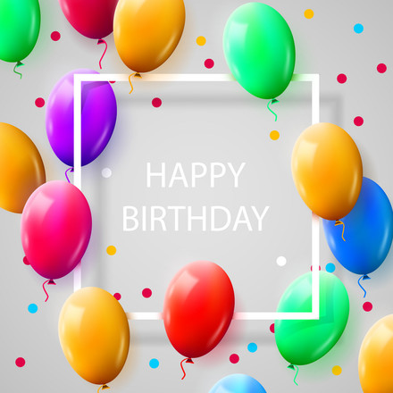 Happy Birthday! Card with balloons. Grey background. Colored balls. Colored balloons. Simple frame. White frame. Greeting card. Free Download 2025