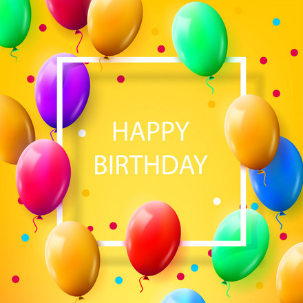 Happy Birthday to You! Yellow ClipArt. Colored balls. Colored balloons. White frame. White inscription. Ecard for your daughter. Yellow background. Greeting card. Free Download 2024