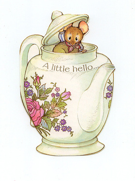 A LITTLE HELLO TO YOU! A little mice. A white teapot. A rose painted on the teapot. Free Download 2023 greeting card