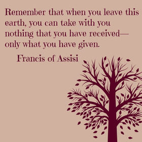 Card with wise blessing quote for aunt. Beautiful card in violet and lilac tones for dear aunt. Free card whit sage quotation of Francis of Assisi. When you leave this earth,you can take with you what you have given Free Download 2024 greeting card