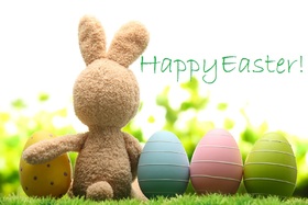 Easter Day 2018. New ecard for free. Easter Day. Easter Sunday. Easter Monday. Easter Eggs. Easter Bunny with easter eggs are on the green lawn. Free Download 2024 greeting card