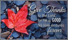 Give thanks to the LORD, for he is good. His love endures forever. A big maple leaf. A red maple leaf. Sea pebble. Free Download 2024 greeting card