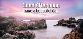 Good Afternoon! Have a beautiful day! Pink sky. Good Afternoon... Dear Friends... Have a beautiful day... Sea. Bare rock and sand. Free Download 2024 greeting card