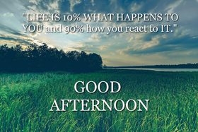 Good Afternoon. Nature photo. Big words. Quote. Good Afternoon... Forest. Wind. Green Grass. Life is 10% what happens to you and 90% how you react to it. Free Download 2024 greeting card