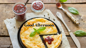 Good Afternoon! Cheese pizza for You. Bits of jam tart. PNG. A lovely cheese pizza just for us. Free Download 2023 greeting card
