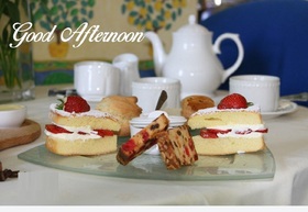 Good Afternoon! Bon appetit! Cakes. Strawberry. Tea. Free Download 2022 greeting card