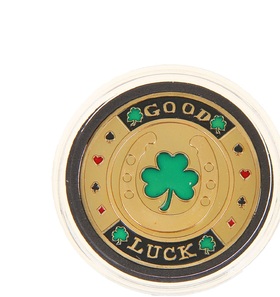 Good Luck. Gold circular ecard. Shamrock. Good Luck... good day... lucky day... wishes... lucky horseshoe... Free Download 2024 greeting card