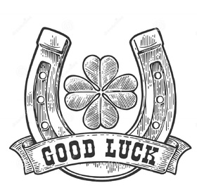 Good Luck. Black & white. Shamrock. Horseshoe. Good Luck... good day... lucky day... wishes... four... leaf... horseshoe... vintage... Free Download 2024 greeting card