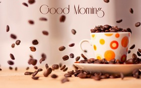 Good Morning with a cup of coffee. New ecard. Good Morning. Cup of coffee. Flying coffee grains) Free Download 2023 greeting card
