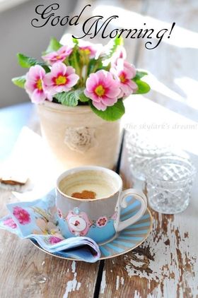 Nice Morning E-card. New ecard for free. Good Morning. Cup of coffee. Pink Flowers. Bouquet. Free Download 2024 greeting card
