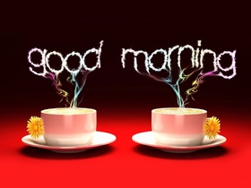 Two nice cup of coffee for a god morning. Ecard. Good Morning. Cups of coffee. Yellow Flowers. Red-and-black e-card. Free Download 2024 greeting card
