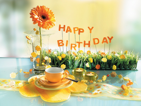 Happy Birthday! New ecard for free. Happy Birthday! Flowers. Candles. Cup of tea. Free Download 2024 greeting card