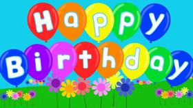 Happy Birthday for a child. New ecard for free. Happy Birthday. Colorful Balloons. Flowers. A green lawn. Free Download 2024 greeting card