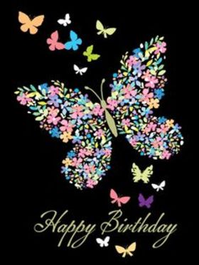 Happy Birthday butterflies. New ecard for free. Happy Birthday. Colorful Butterflies. Black background. Free Download 2024 greeting card