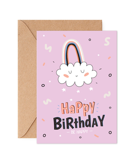 Happy Birthday card. New ecard for free. Happy Birthday. Pink Card with a cloud and rainbow. Free Download 2023 greeting card