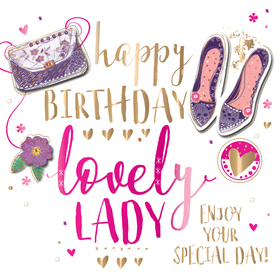 Happy Birthday, Lady! New ecard for free. Happy Birthday. Lady. Shoes. Flower. Bag. Free Download 2024 greeting card