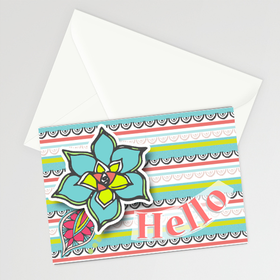 Hello! A pretty postcard! Art ecart. Creative design. Red & Blizzard Blue. White envelope. Free Download 2024 greeting card