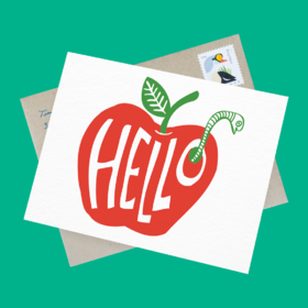 Hello! Red Apple. Green background. Free Download 2025 greeting card