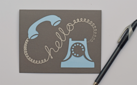 Hello! Art phone. PNG. Blue color. Black pen. The telephone line as text Hello. The phone cord. Free Download 2023 greeting card