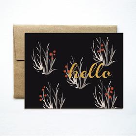 Hello! Black background. Gold inscription. Little berry. Red berry. White bushes. Art ecard. Free Download 2024 greeting card