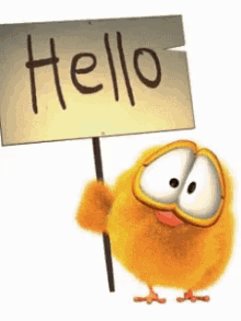 Hello! Funny GIF. Greeting card. Baby bird. A yellow chick. A sign that says: Hello! Free Download 2022 greeting card